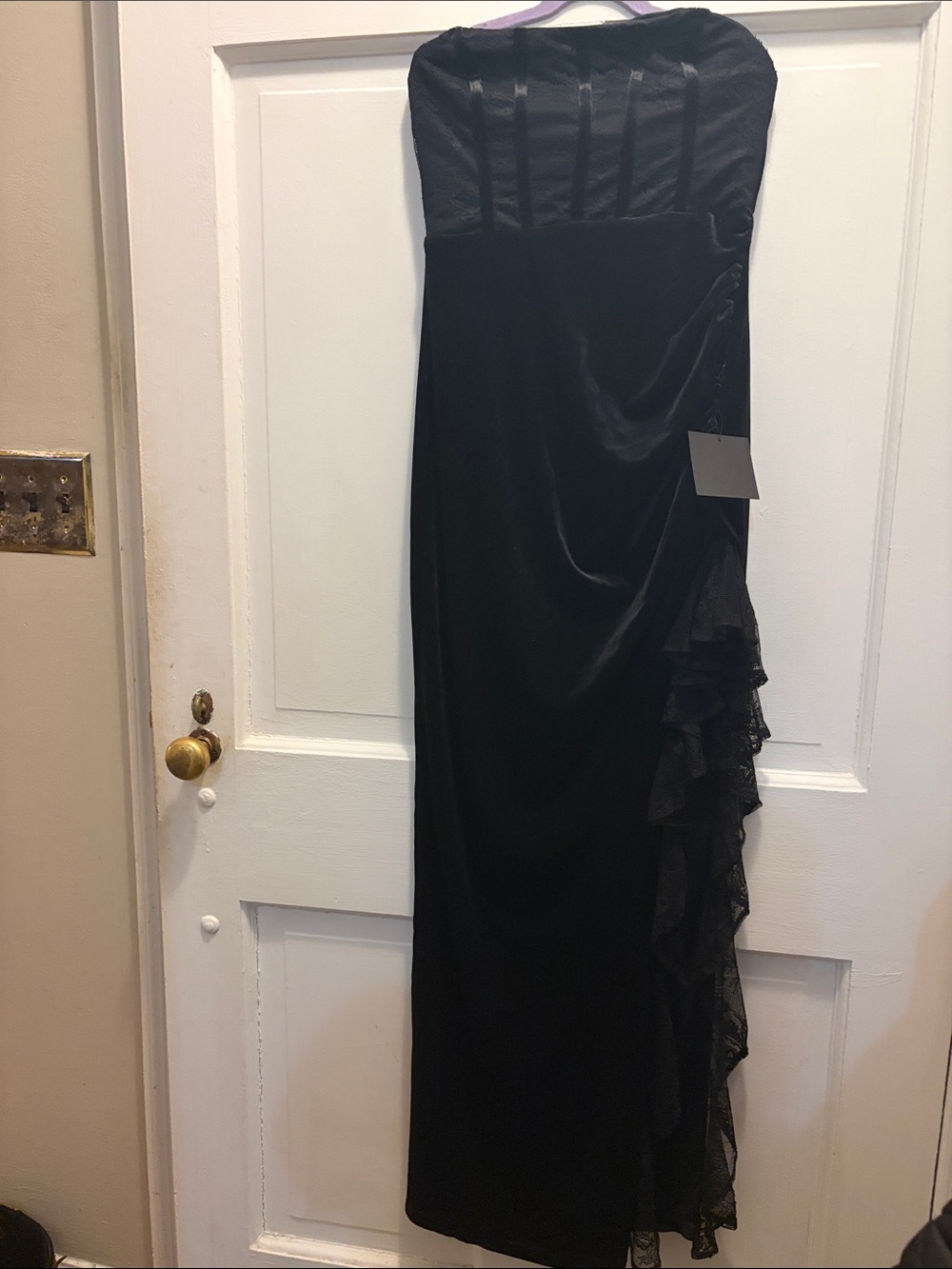 Lulu's Black Strapless Evening Dress with Ruffle Side Detail